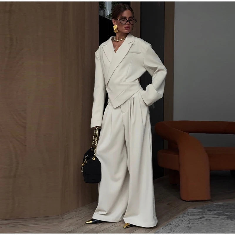 Women Solid Top Pants Set Lapel Neck Single Breasted Oversized Coats Ruff Leg Loose Pants Set Lady Spring Chic Casual Sets Wear