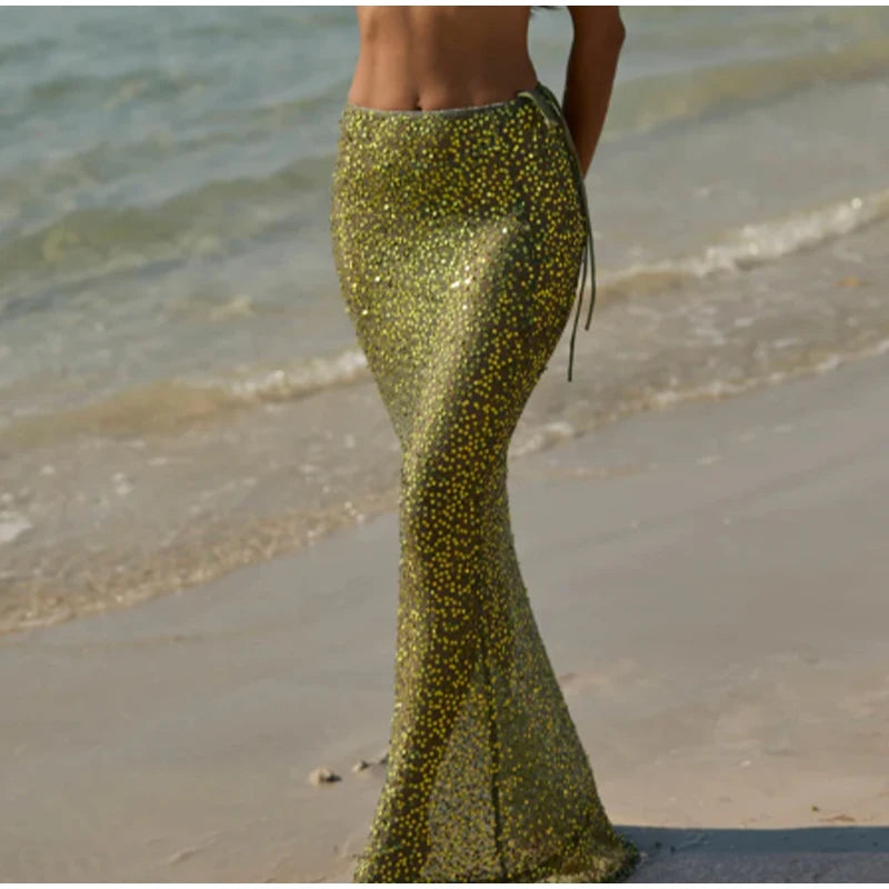 Sexy Sequined Bikini Pants Set Women Sleeveless Backless Halter Cropped Top Wide Leg Pant 2026 Summer Beach Holiday Party Suit