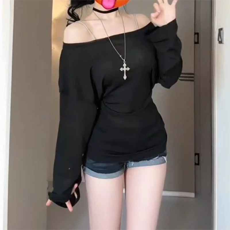 Sexy Thin See Through Long Sleeve Oversize T shirt Women Bandage Off Shoulder Top Female Basic Long Tee Shirt  Korean Chic Lady