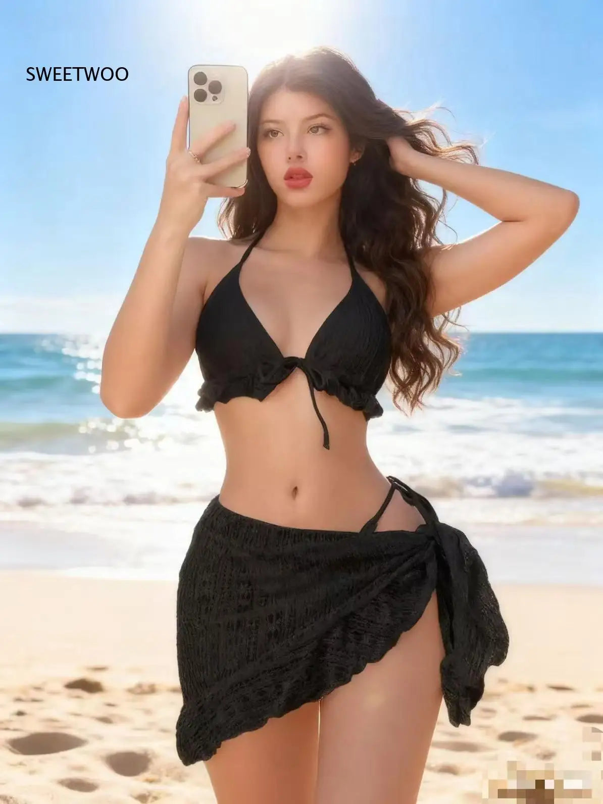 Women's Sexy Bikini Set 3 Piece Swimwear With Cover Up Skirt Beachwear Halter Top Bottoms Summer Vacation Swimming Suit Outfit