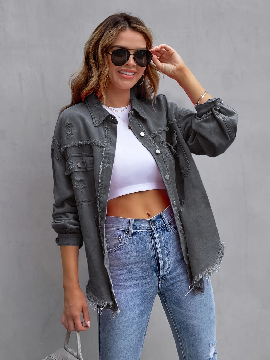 Women's Fashionable Solid Color Mid-Length Ripped Denim Jacket Long-Sleeved Spring Autumn Trend