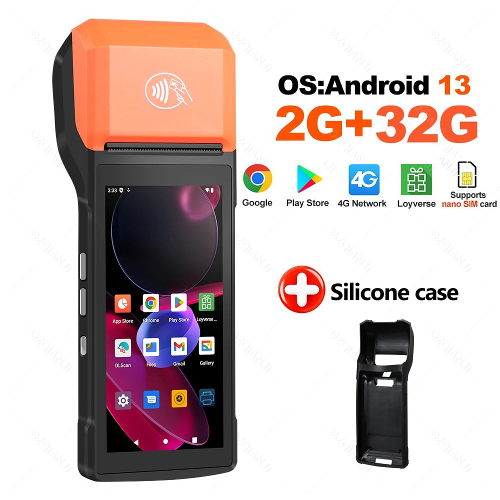 4G Android 13 Handheld Terminal POS Printer 58mm Thermal Printing, 1D/2D Barcode Scanner for Small Business & Protective Case