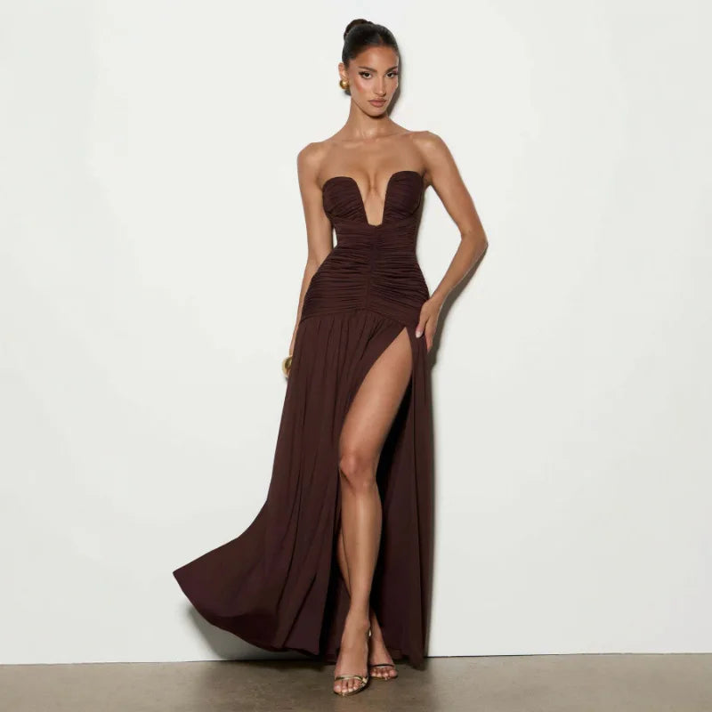 Women Elegant Deep V-neck Pleated Strapless Dress Chic Off-shoulder Backless Split Maxi Dresses 2026 Lady Evening Party Vestidos