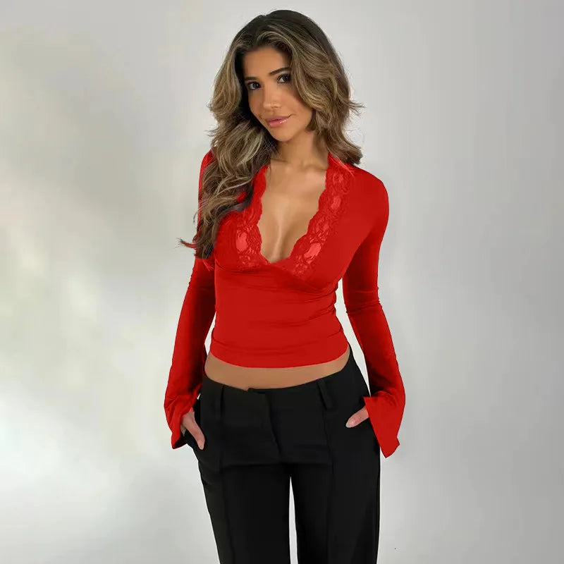 Sexy Lace V-Neck Long Sleeve T-Shirt Women's Waist-Cinching Top Pure Color Polyester Fabric Thin Autumn Winter Ladies Tee