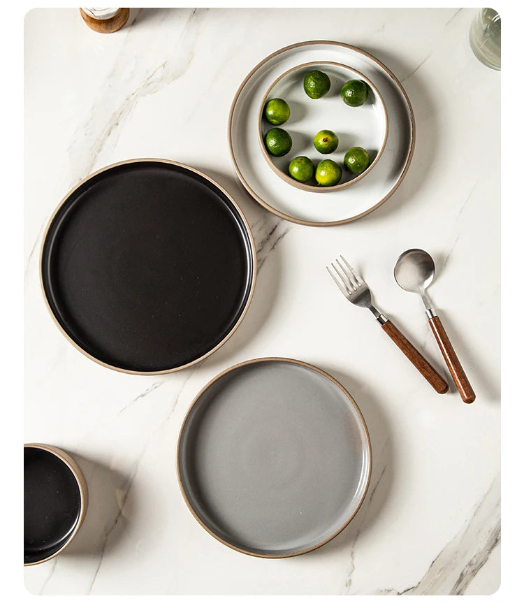 Retro Japanese Style Ceramic Bowl Set for Home Use round Shape Dinnerware Tray Dumpling Soup Noodle Bowl Matte Finish Utensils