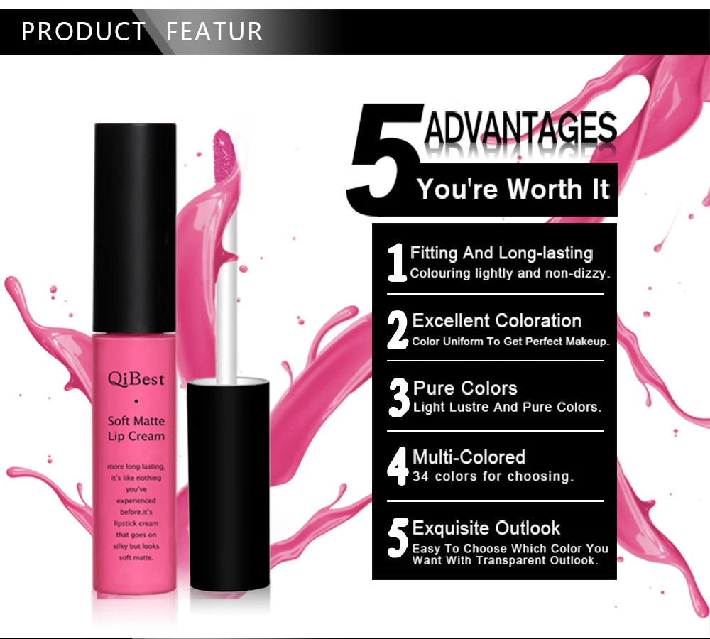 QIBEST Velvet Matte Nude Liquid Lipstick Makeup Sexy Red Lipgloss Waterproof Long-lasting Purple Black Orange Lip Stain Cosmetic
