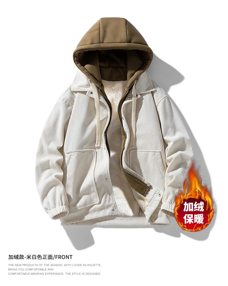 2025 New Corduroy Jacket Men's Harajuku Japanese Windproof Warm Fake Two-piece Hooded Coat Womens Casual Loose Pocket Jacket 4XL
