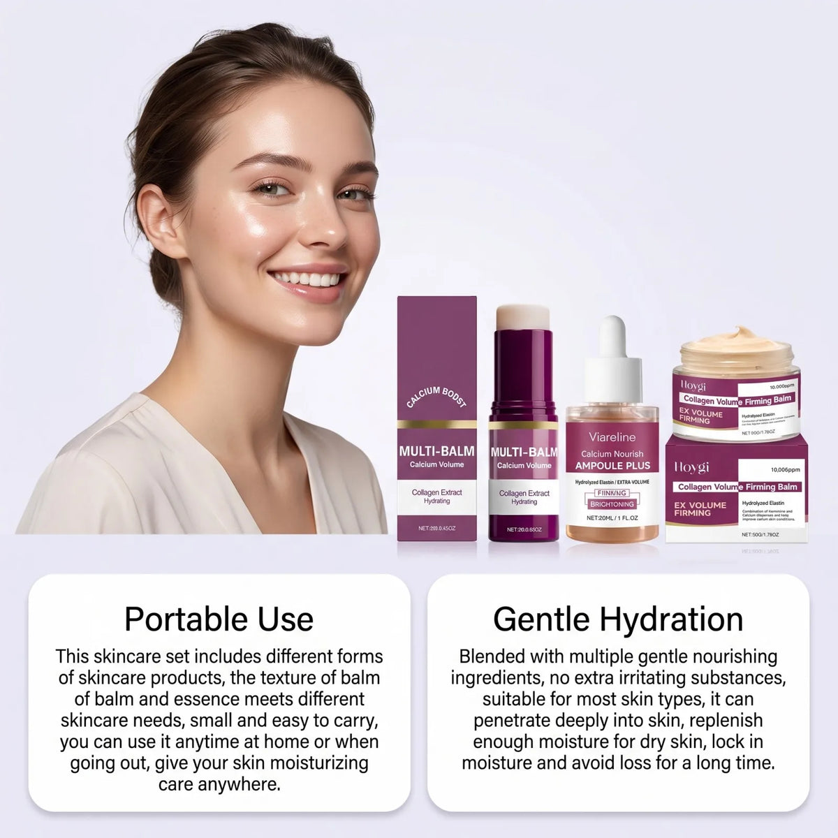 Korea Calcium Nourish Collagen Set – 30ml Ampoule + 50g Cream + 9g Balm Stick, 10,000ppm Collagen & Hydrolyzed Elastin Skincare