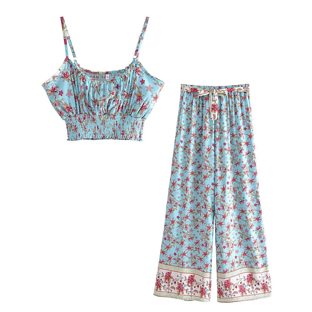 Vintage Chic  Women Floral Print Outfits Strap Sleeveless Tops Bohemian Suits Drawstring Pants 2 Pieces Rayon Cotton Boho Sets