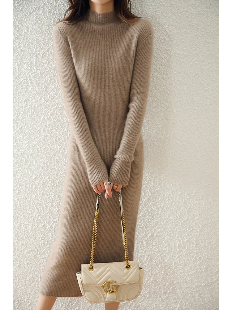 Autumn and winter semi high neck drawstring high elasticity slim fit 100% wool pullover dress, mid length over knee cashmere
