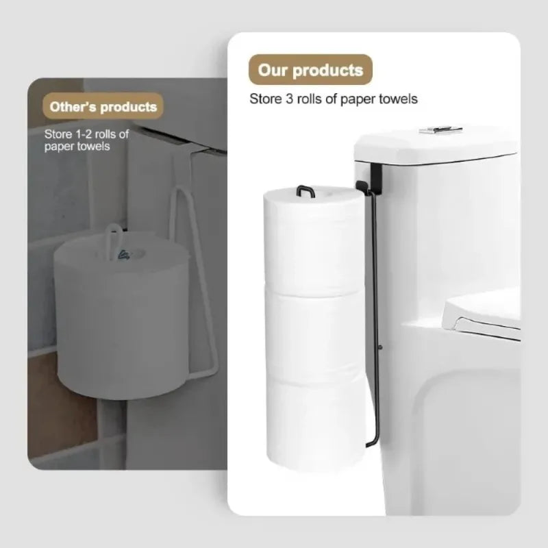 Black Iron Self-Adhesive Toilet Paper Holder with Towel Bar No-Drill Wall Mount Bathroom Storage Rack