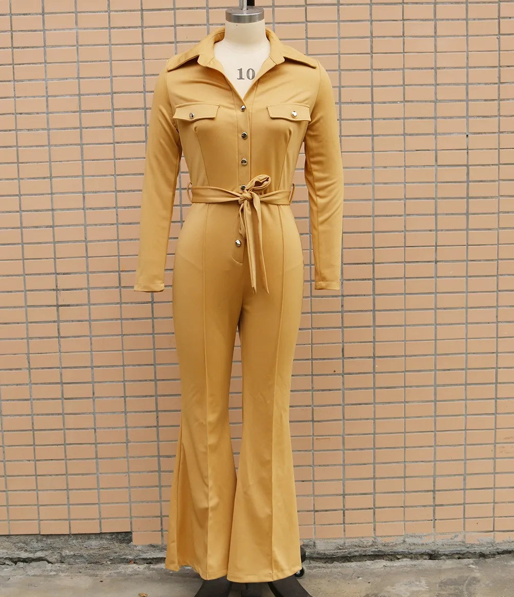 Knit Jumpsuit Button Front V Neck Romper High Waist Flared Long Jumpsuit Self Tie Belt Slim Fit Wide Leg Jumpsuit Solid Color