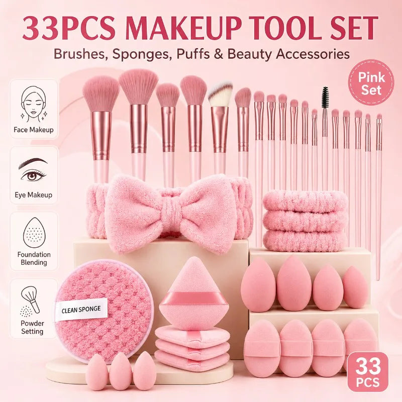 33Pcs Full Makeup Tool Kit, 13 Brushes + Sponges + Finger Puffs + Headband for Face Eye Makeup Daily Touch Ups Travel Kit