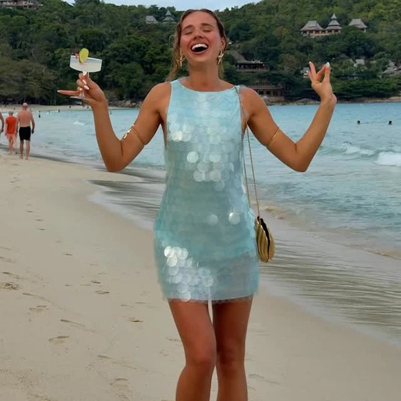 Women Chic Sequin Spaghetti Strap Mini Dress Lightweight Sexy Lace Trim Slimming Sleep Dresses 2026 Summer Beach Vacation Wear