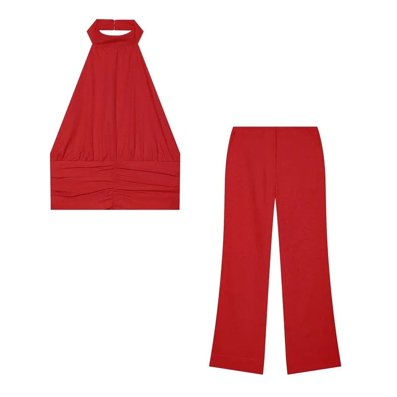 Women's Red Pants Sets Sexy Halter Backless Ruched Crop Tank Top Suit Elegant Female 2 Piece Sets Summer Woman New Matching Sets