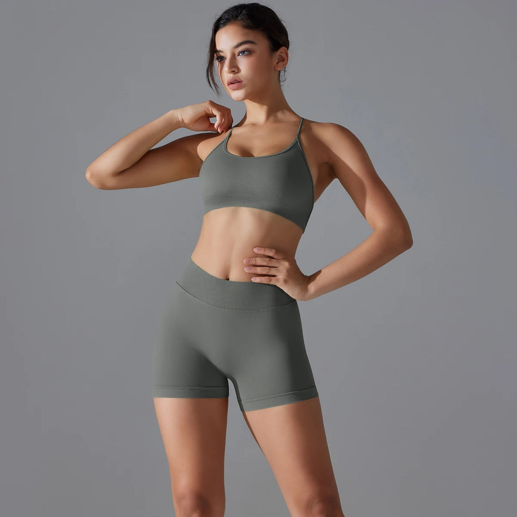 Yoga Suit Sports Set Quick-Drying Gym Leggings Set Shock-absorbing Cross Shoulder Straps Women's cycling shorts  Workout Yoga