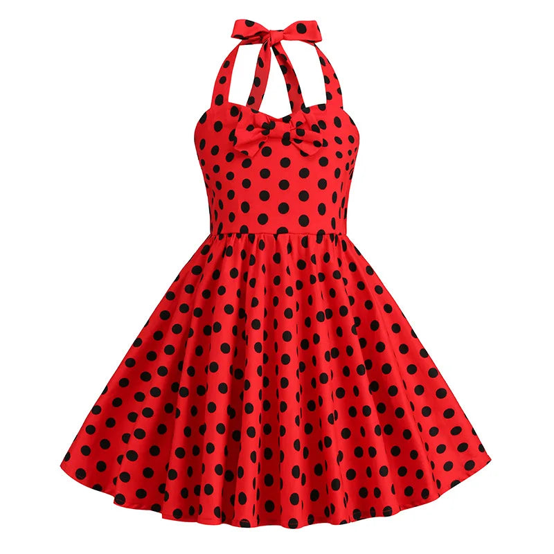 Kids Girls Vintage Halterneck Dress Polka Dots Cherry Strawberry Daily Birthday Party 1950s Swing Dress Summer Princess Dress