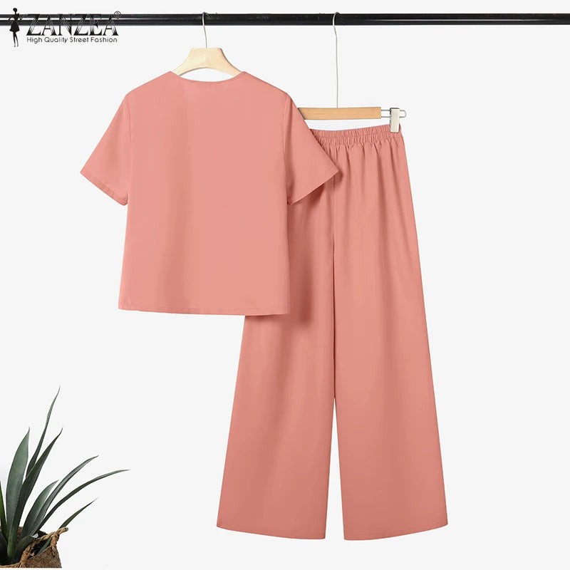 Fashion Summer 2PCS Outfits ZANZEA Women Pant Sets Short Sleeve Buttons Tops Suit Casual Solid Work OL Tracksuits Matching Sets
