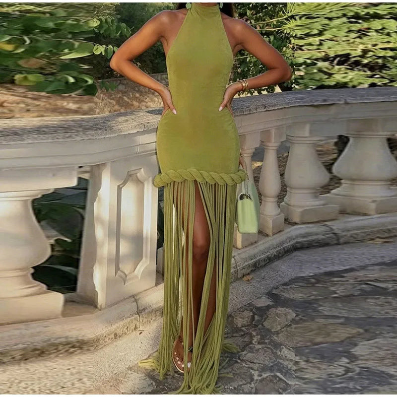 Women Solid Braided Trim Cutout Maxi Dress Sleeveless High Slit Bodycon Fit Gown 2026 Summer Elegant Evening Formal Party Outfit