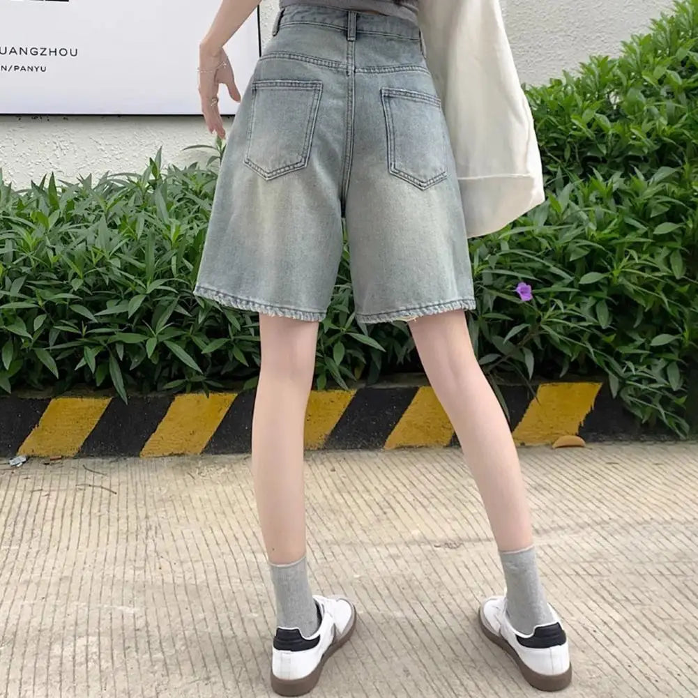 Retro Style Women Denim Shorts High Waist Vintage Washed Straight Wide Leg Button Zipper Knee Length Jeans Shorts Summer