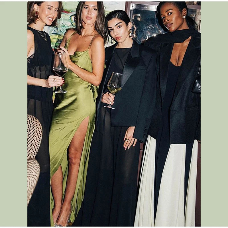 Backless Women Dress Satin Spaghetti Strap Maxi Dresses Back Tail Cowl Drape Front Neck Side Split Hem Elegant Evening Bodycon