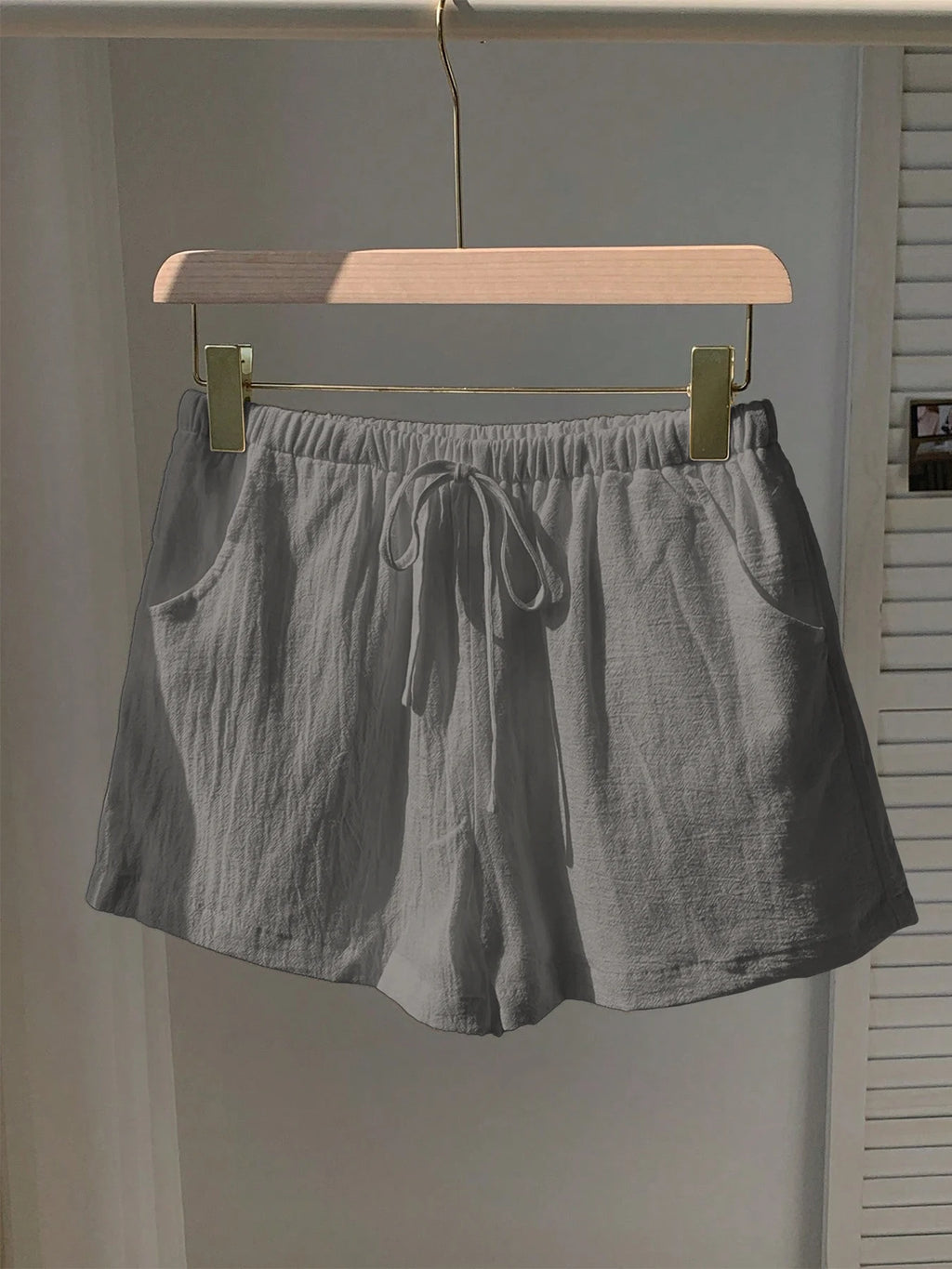 Ladies New Spring Summer Linen Solid Color Casual Sports Elastic Waist Drawstring Short Pants