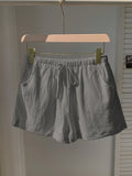 Ladies New Spring Summer Linen Solid Color Casual Sports Elastic Waist Drawstring Short Pants
