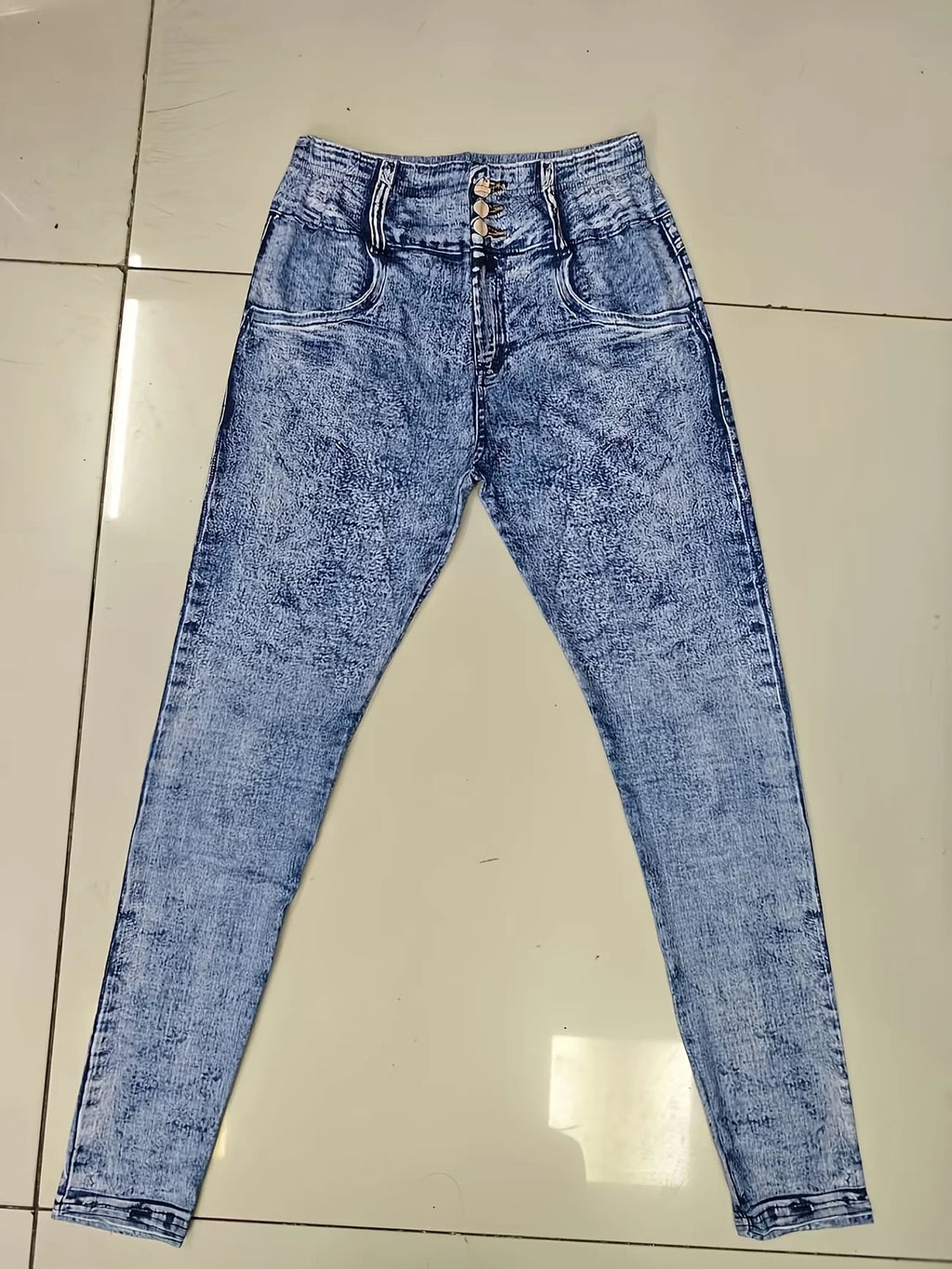 Women Printed Leggings Not Denim Fabric, Fake Pocket & Button Print Design Pants, High Elastic Fashion Slim Fit Skinny Casual