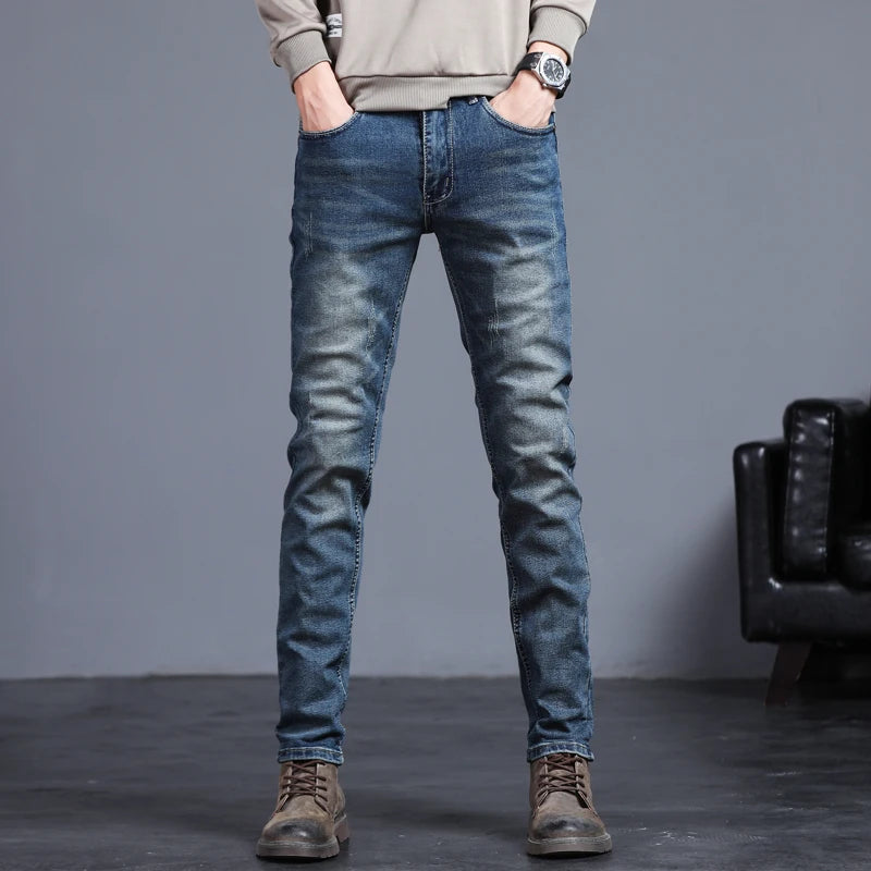 Men's Skinny Grey Jeans Fashion Casual Elastic Cotton Slim Korea Blue Biker Pencil Denim Trousers Male Hip Hop Brand Clothing
