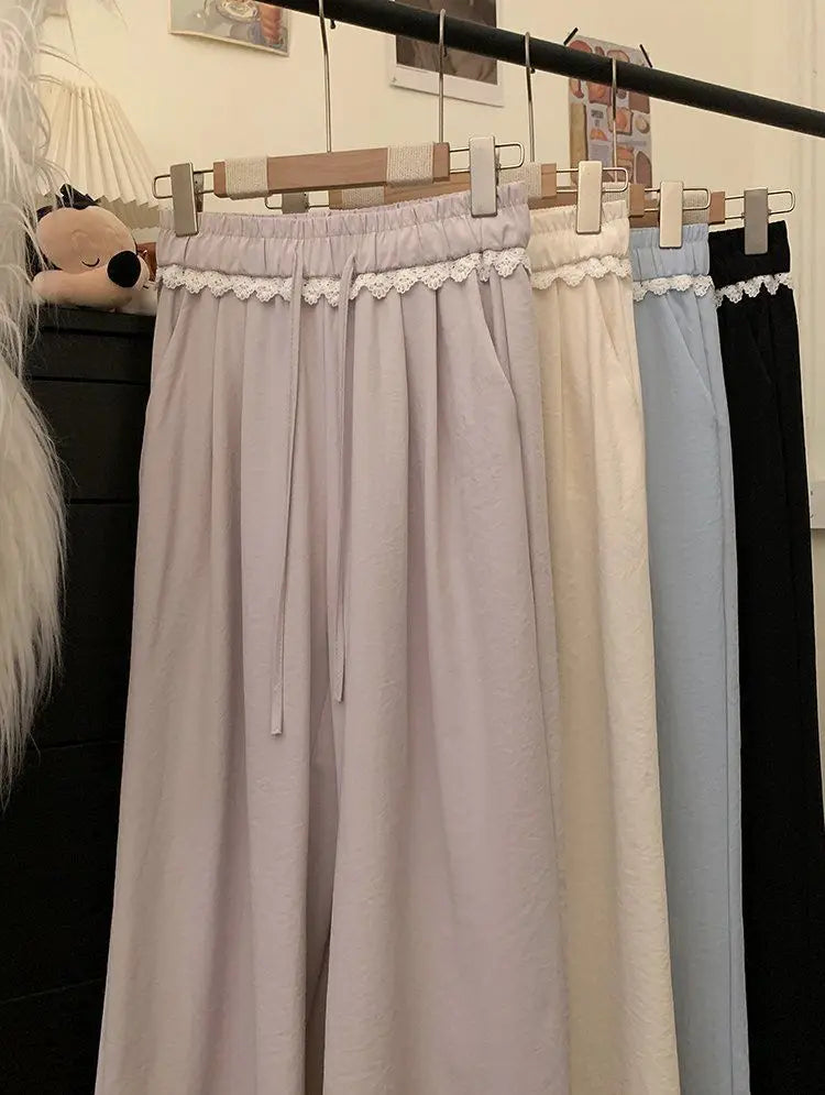 Women Lace Trim Wide Leg Pants Elastic Drawstring Waist Loose Casual Trousers Multiple Colors
