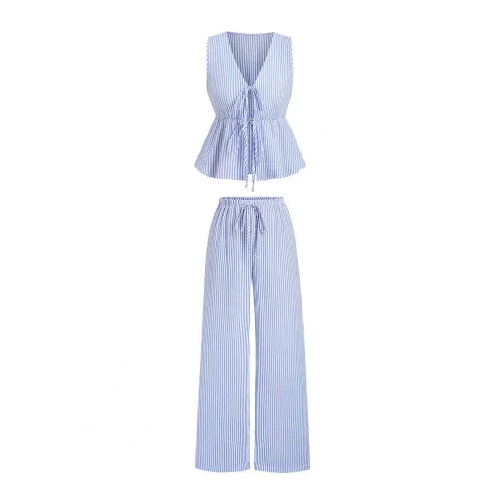 Women Two-piece Suit Spring Summer Autumn Suit Women's Striped Two-piece Outfit Set Tie Front Ruffle Tank Top Wide Leg Pants