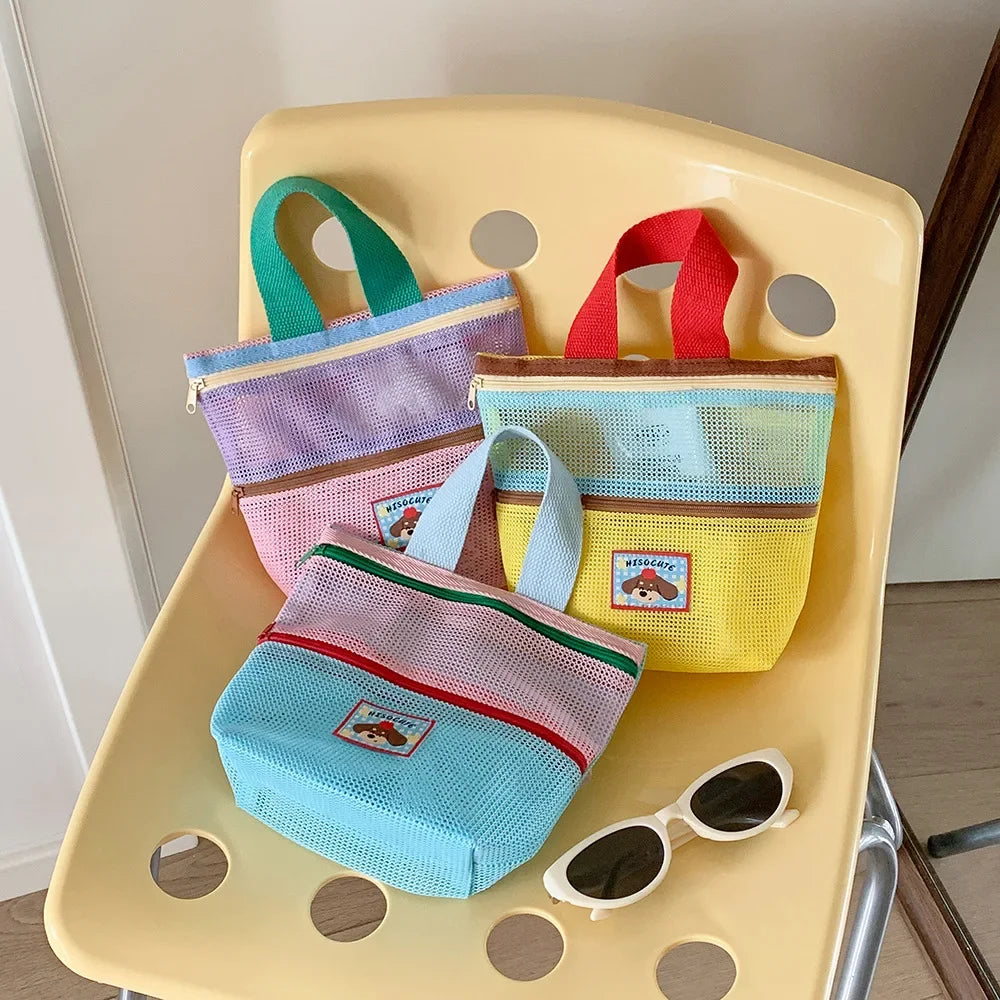 Women's Color-Block Mesh Makeup Bag with Top Handle and Cute Patch Small Cosmetic Pouch for Daily Travel Essentials Storage