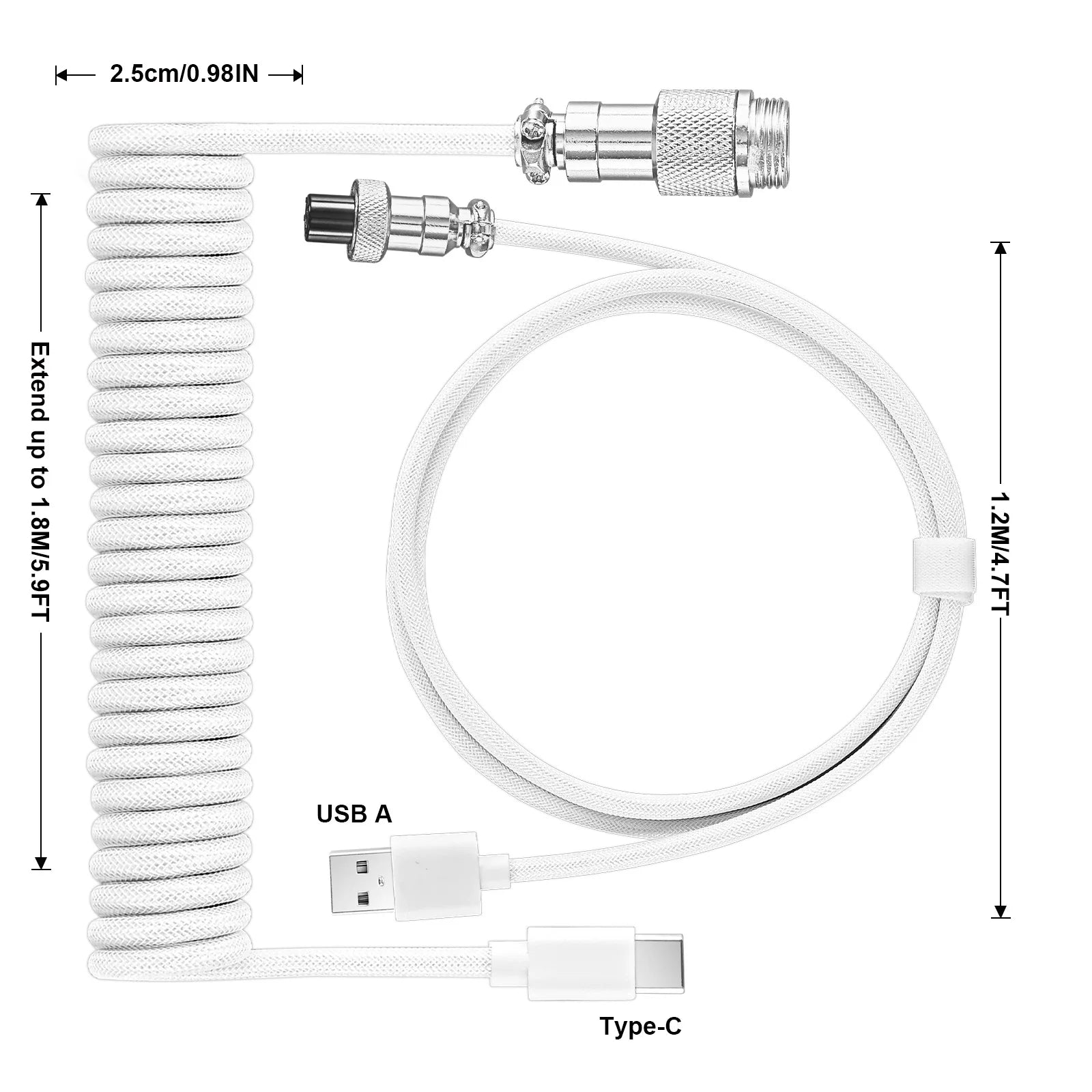 Metal USB A to TYPE C Braided Cable Mechanical Keyboard Coiled Cable USB Spring Wire Aviator Desktop Computer Aviation Connector