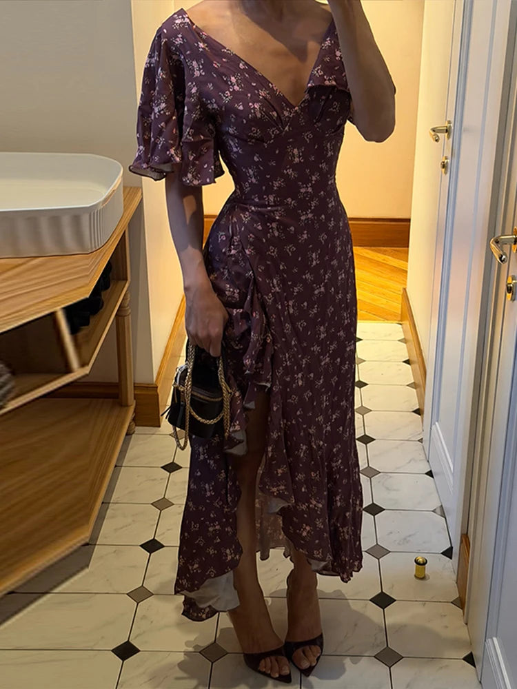 Elegant Print Women Long Dress Chic Ruffle Pleated Short Sleeve V-neck Waist-Closed Female Dresses 2026 Summer Beach Lady Robe