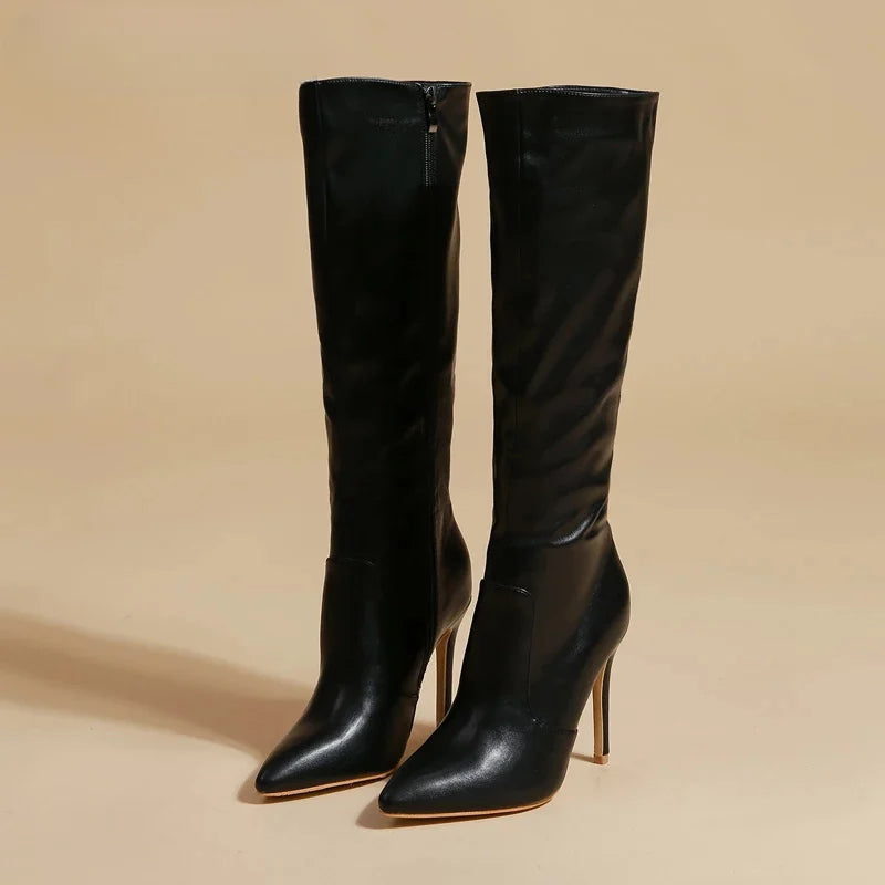 Women's Fashion Elegant Pointed Thin Heel Knee High Long Boots2024 Spring/Autumn PU Panel Side Zipper Boots Western35-42