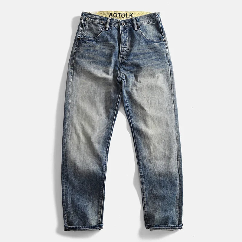 Heavyweight 100% Cotton Relaxed Straight Denim Jeans Vintage Washed & Distressed American Casual Pants for Men Amekaji Retro