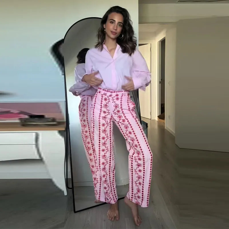 Casual Print Embroidery Pants Women High Waist Straight Hollow Out Trousers Female 2026 Spring Summer New Chic Cotton Streetwear