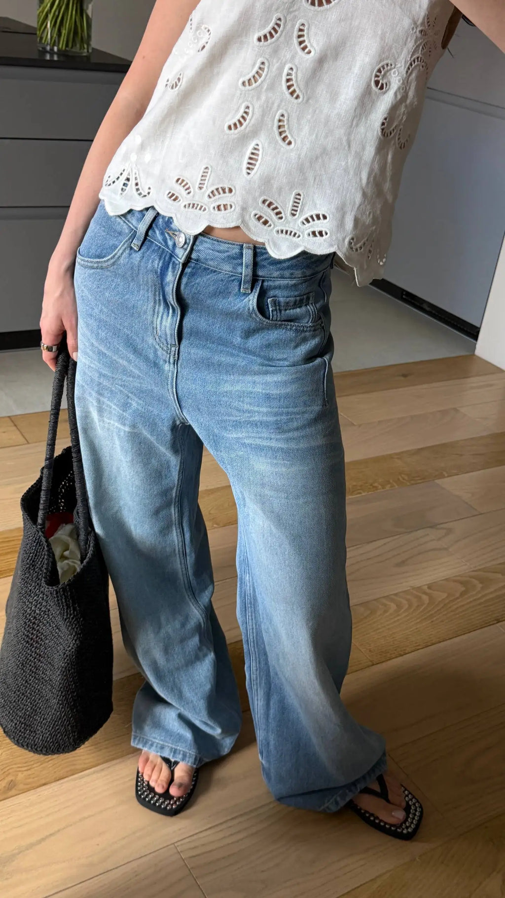 FSLE New Summer Women‘s Wide Leg Jeans Vintage Washed Straight Wide Leg Pants High Waist Denim Trousers Casual Street Style Chic