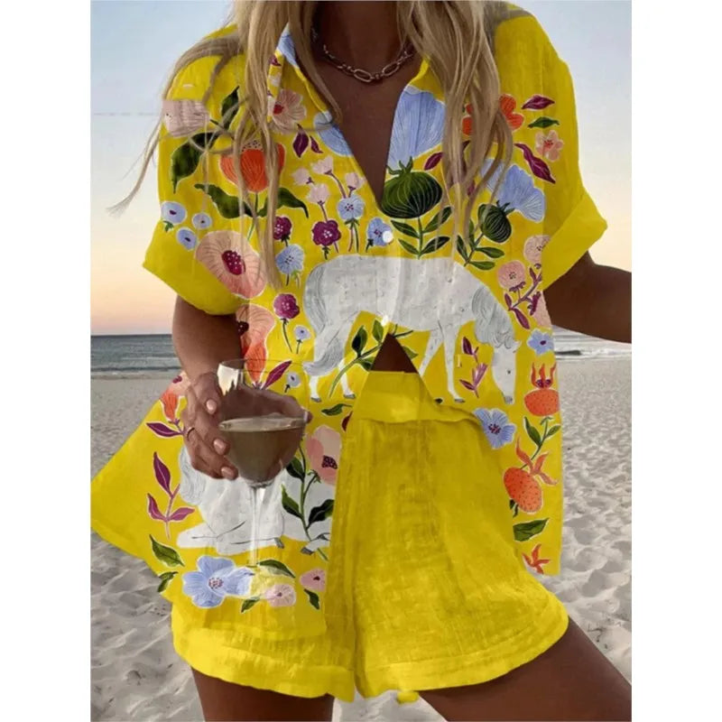 Women Summer Fashion Shorts Sets Retro Print Sleeve Shirt Shorts Suit New Casual Loose Female Beach Vacation Shorts 2 Piece Set