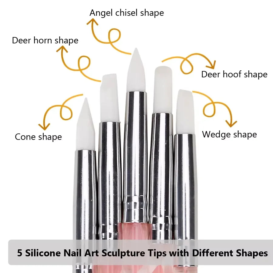 5Pcs Double Ended Nail Art Brush Acrylic Silicone Point Flower Nail Pen Stainless Steel Dotting Tools Marbleizing Painting Pens