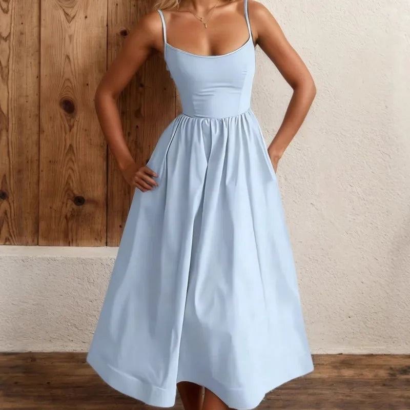 2026 New Summer Women's Dress Solid Color Strap Sexy Retro Bohemian Style Loose Fashion Comfortable Simple Versatile Home Dress