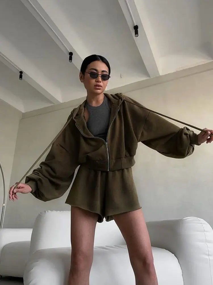 Women's Outfit Long-Sleeve Hooded Drawstring Sweatshirt Shorts Set Two-Piece Sets Sports Suit Sportswear Streetwear Trendy