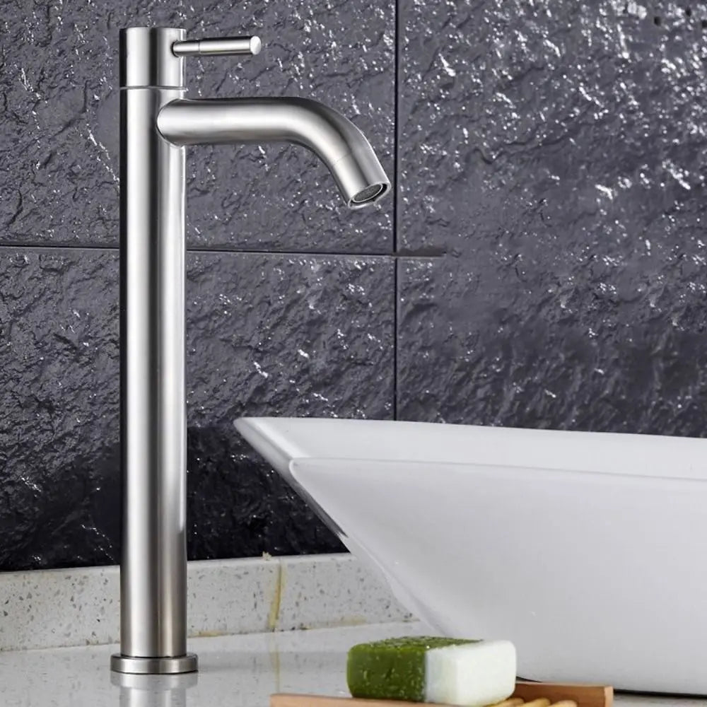 Stainless Steel Heighten Washbasin Faucet Silver/Black Quick Open Single Cold Faucet Rust-proof Sink Water Tap Bathroom Counter