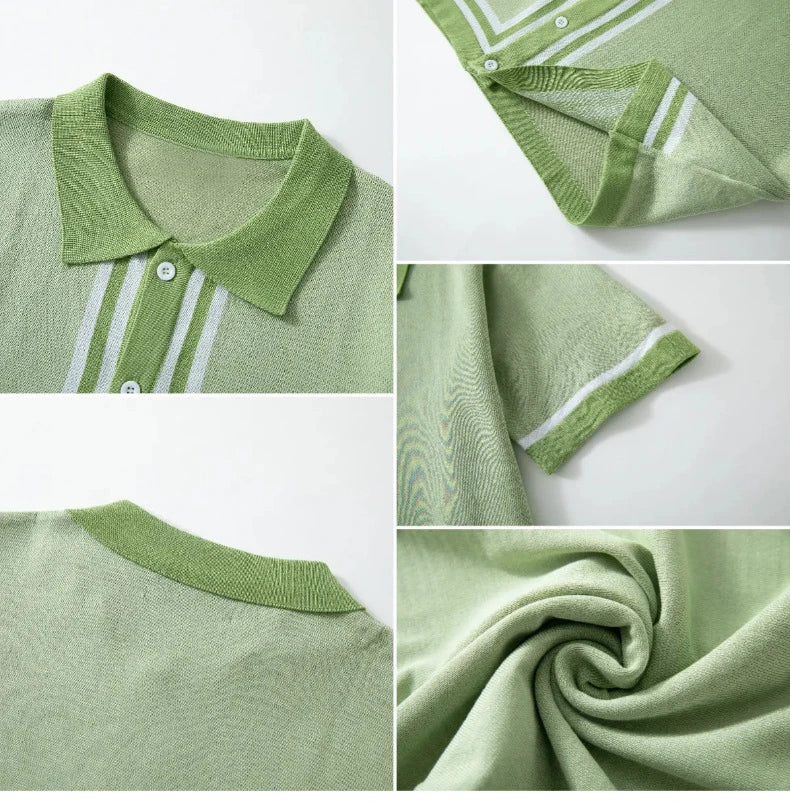 Summer Men Knitted Cardigan Polo Shirts Short Sleeve Striped Jacquarded Business Shirts American Retro Premium Quality Knitwear