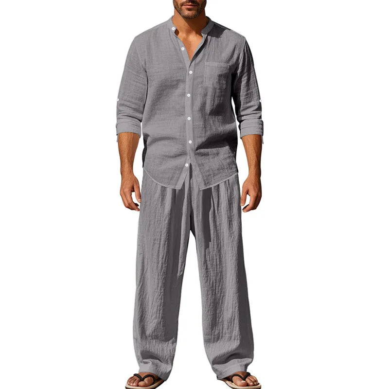 Tracksuit 2025 Seasons Linen Men's Casual Loose Breathable Long sleeved Pants Shirt Beach Set in Stock Male  Clothing Big Size