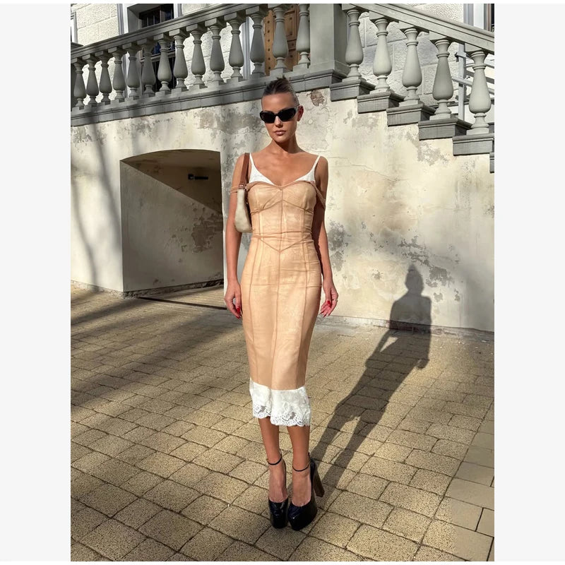 Sexy Sheer Mesh Overlay Midi Dress Women Sleeveless Waist Cinched Lace-trim Bodycon Sling Dress 2026 Lady Trendy Party Robe