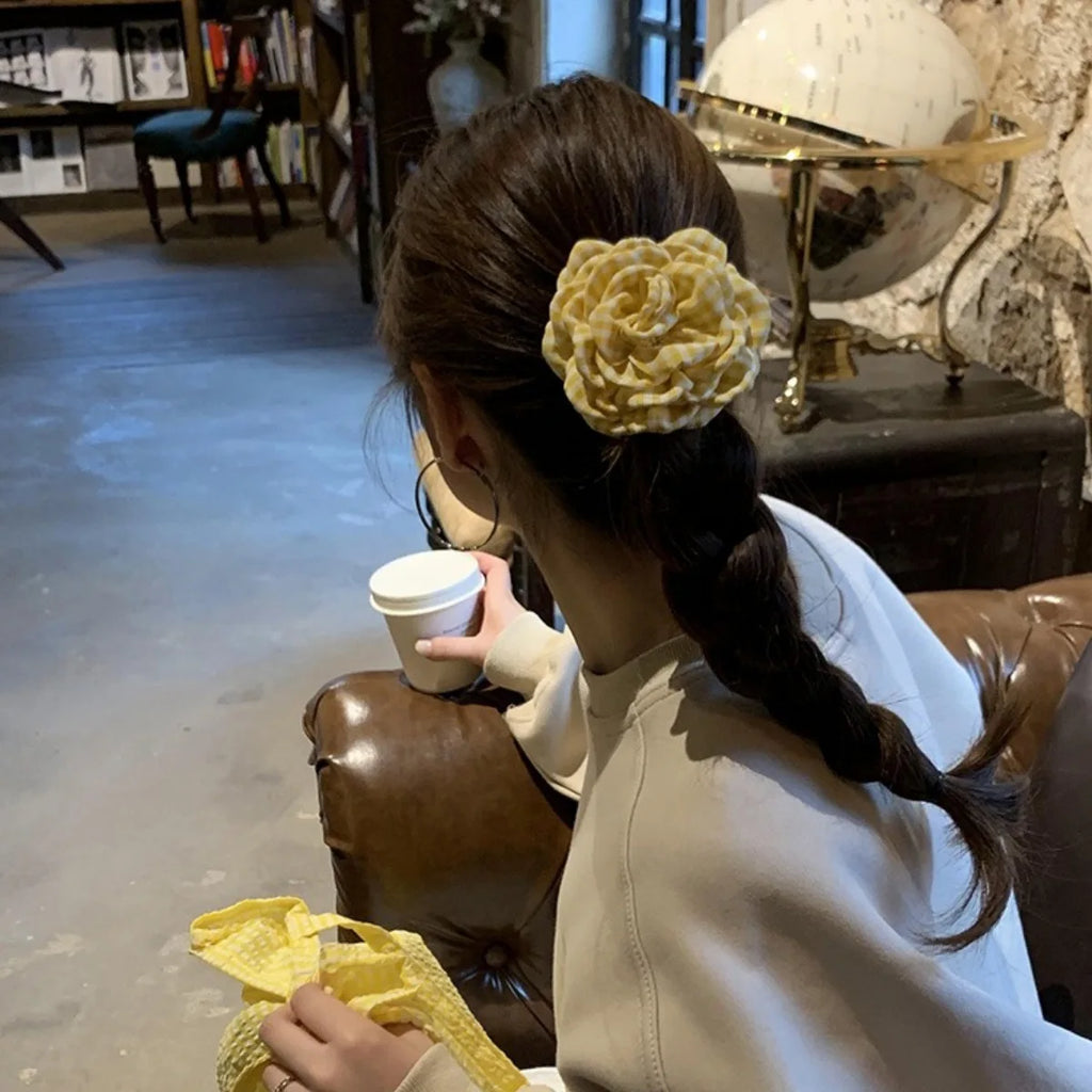 Women's Hair Claw Clip Checkered Yellow Rose Exquisite Grab Clip Hair Grab High End Korean Hair Accessory Flower Head Accessory