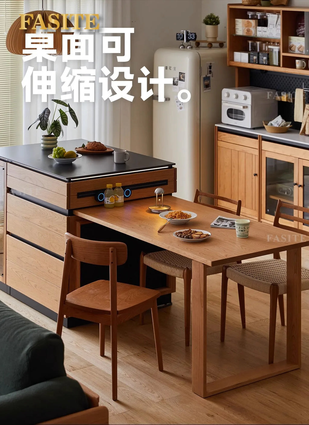 Solid wood island table retractable small apartment open integrated bar cabinet rock locker