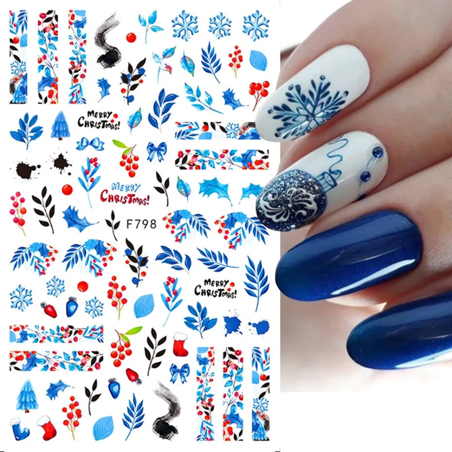 Autumn and Winter Blue Landscape Lines Flowers Birds Butterfly 3D Stickers Nail Art Decals Nail Parts Christmas Nail Stickers