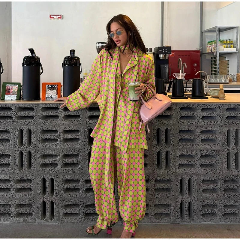 Vacation Geometric Printed Loose Pants Sets Women Lapel Full Sleeve Pocket Shirts Wide Leg Pant Suits 2026 Summer Street Outfit